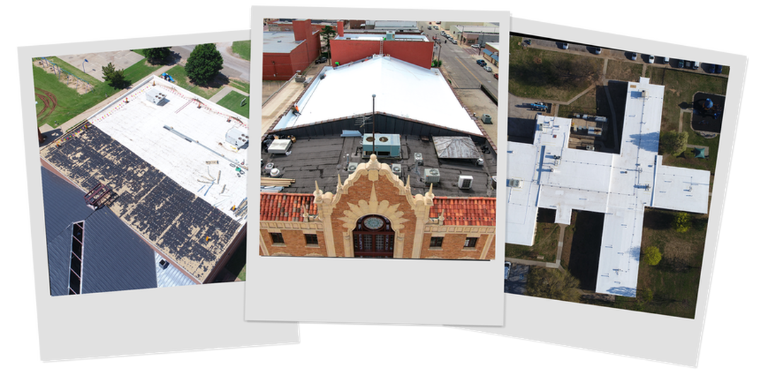 Three American Roofing projects: a commercial flat roof, an arched entrance canopy, and a standing seam metal roof